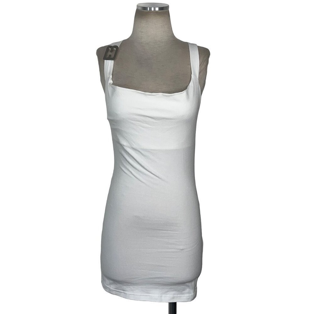 EB Denim Cowl Buckle Dress in White XSmall New Womens Tank mini Bodycon - Picture 5 of 16